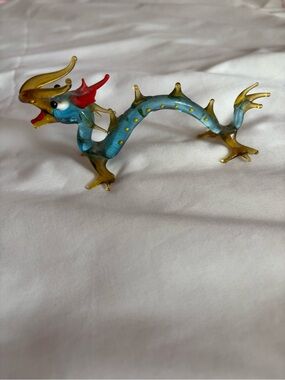 VTG Hand-Blown Glass Dragon Figurine in Teal and Gold Flawed See photos